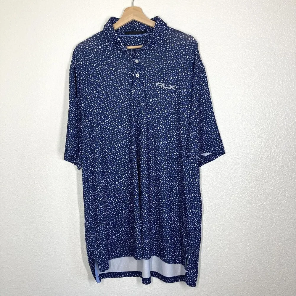 RLX Ralph Lauren Polo Shirt Mens Extra Large Navy Blue Floral Golf Performance